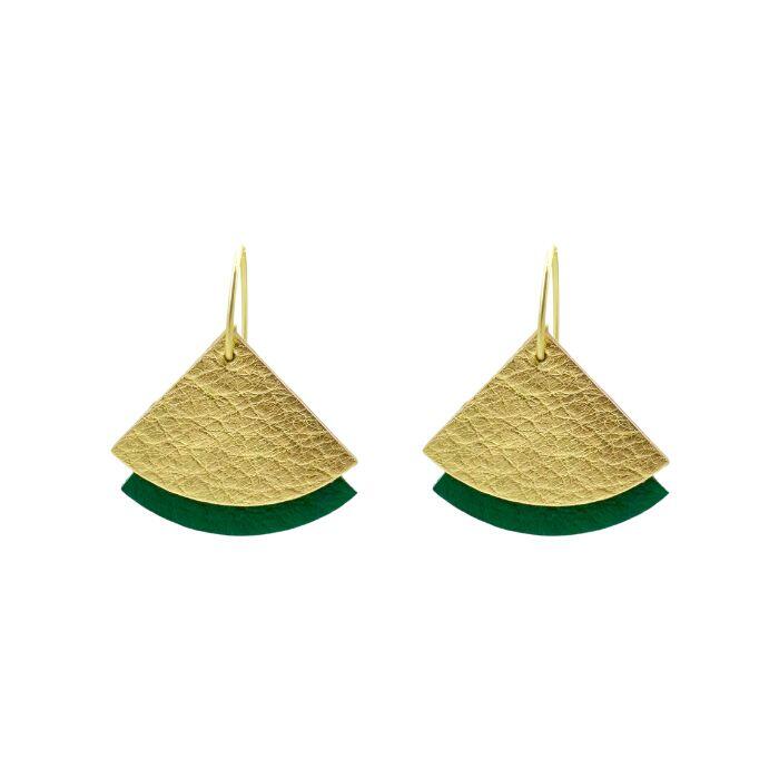Boucles d'oreilles éventail en cuir écoresponsable vert bouteille