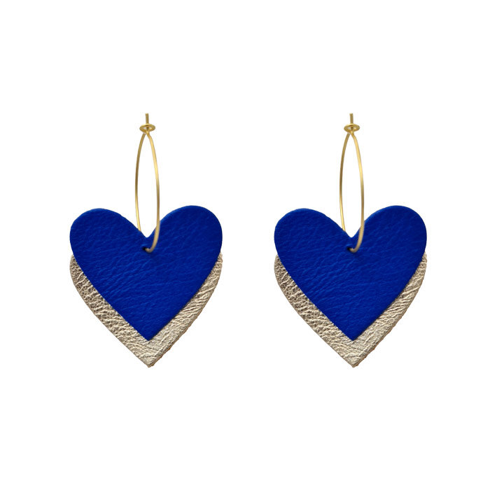 Boucles d'oreilles en cuir double cœur doré et bleu klein