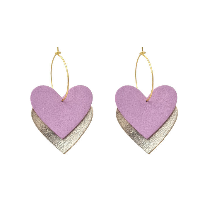 Boucles d'oreilles en cuir double cœur doré et parme